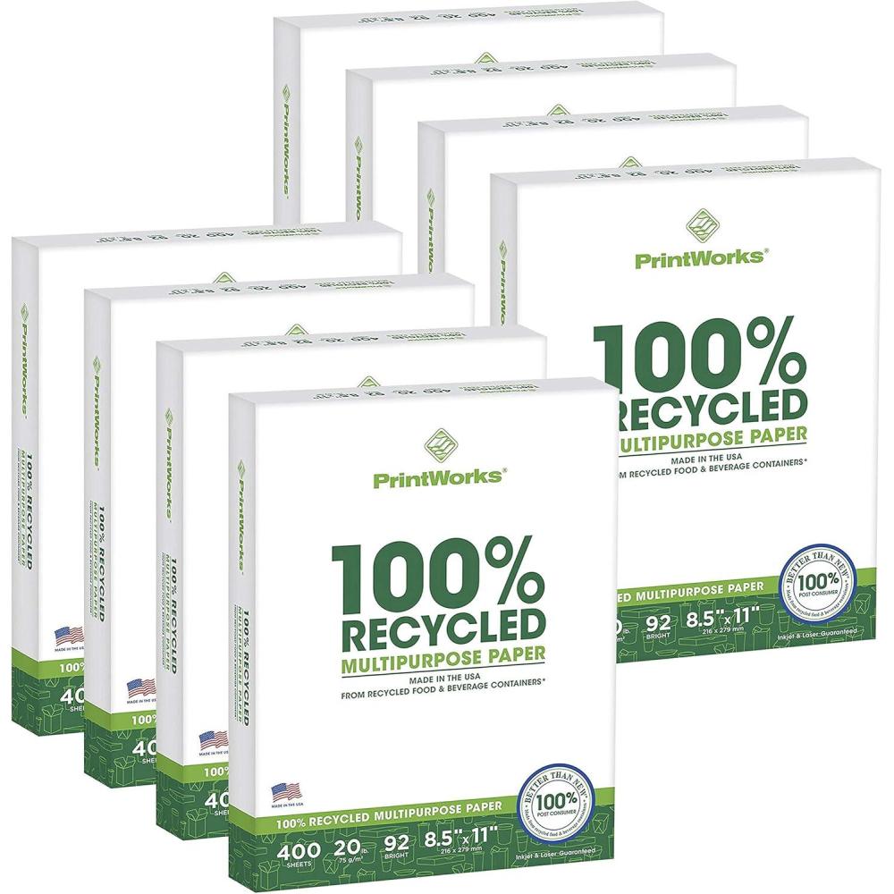 imagePrintWorks 100 Recycled Printer Paper 85quot x 11quot White  20 lb Copy ampamp Multipurpose Computer Paper  2400 SheetsCarton 80 CartonsPallet 192000 Sheets  Made in the USA  92 Bright 00018PAL8 Reams 3 200 Sheets