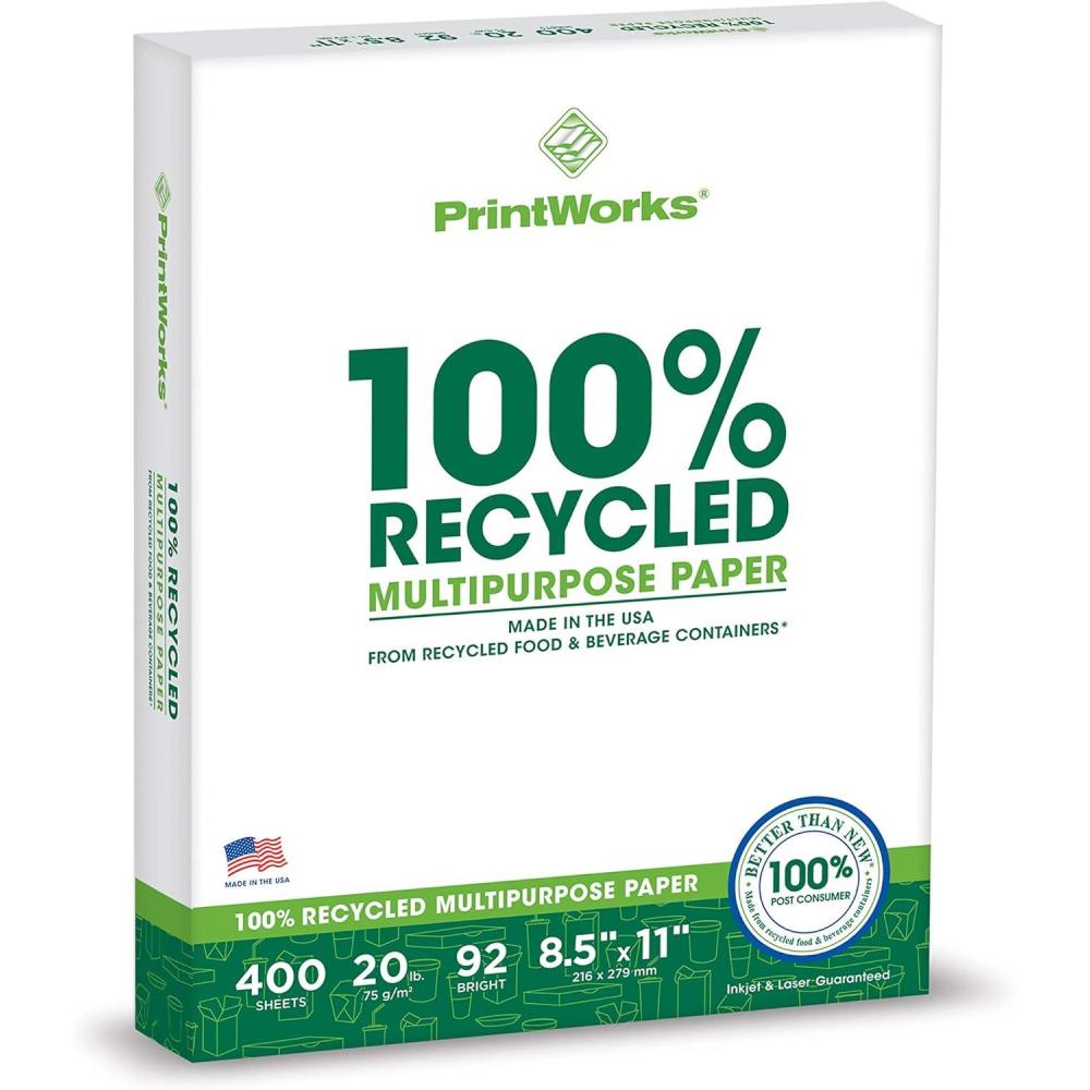 imagePrintWorks 100 Recycled Printer Paper 85quot x 11quot White  20 lb Copy ampamp Multipurpose Computer Paper  2400 SheetsCarton 80 CartonsPallet 192000 Sheets  Made in the USA  92 Bright 00018PAL1 Ream 400 Sheets