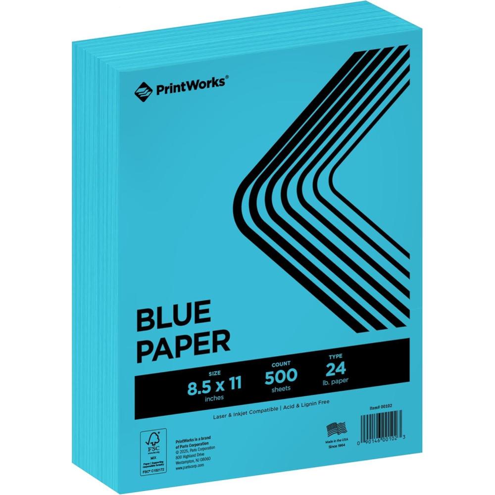 imagePrintWorks Premium Bright Blue Colored Paper 85quot x 11quot  24 lb89 gsm  2500 Sheets  Made in the USA  FSC Certified  AcidFree ampamp FadeResistant  Printer Compatible 00102CBlue