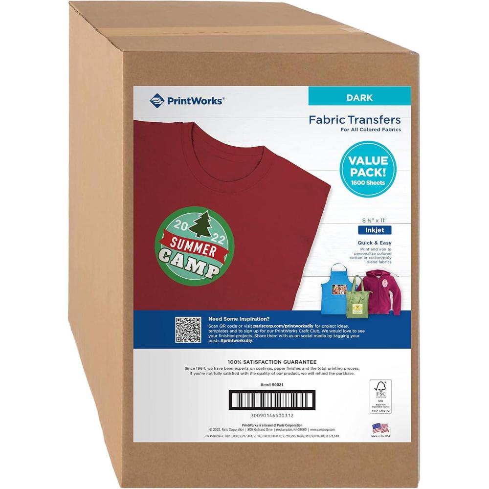 imagePrintWorks Printable Iron on Heat Transfer Paper for Dark Fabrics ampamp TShirts 85 x 11 40 Sheets Easily DIY Made in The USA1600 Sheets