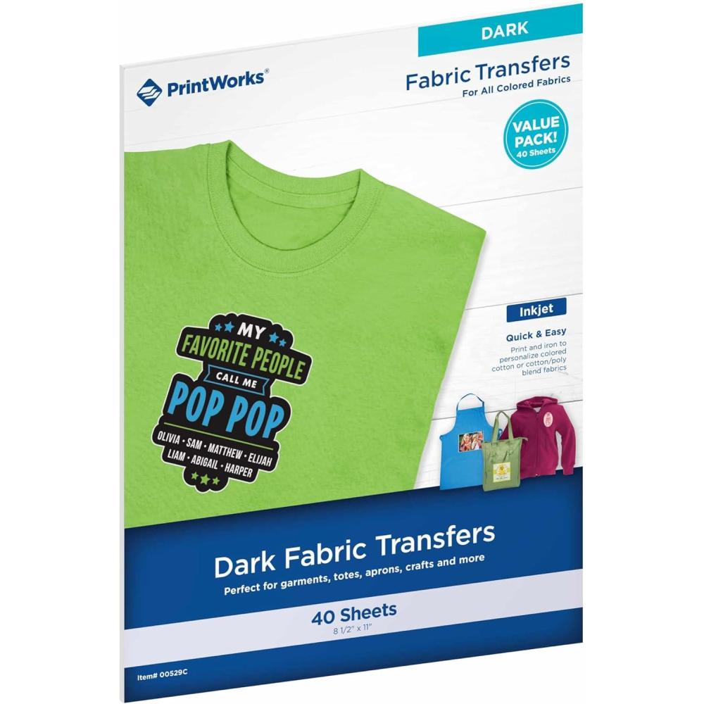 imagePrintWorks Printable Iron on Heat Transfer Paper for Dark Fabrics ampamp TShirts 85 x 11 40 Sheets Easily DIY Made in The USA40 Sheets