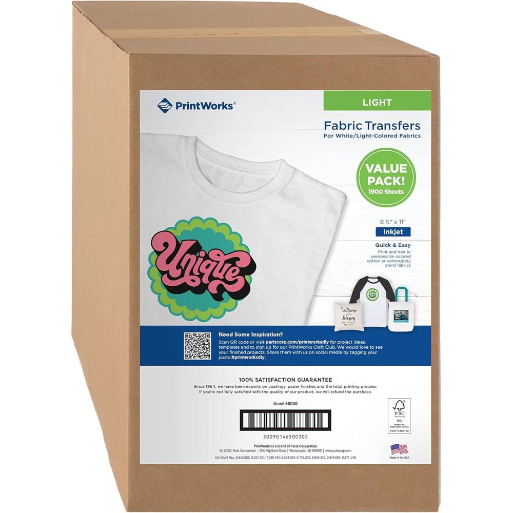 imagePrintWorks Printable Iron on Heat Transfer Paper for Light Fabrics ampamp TShirts 85 x 11 10 Sheets Easily DIY Made in the USA1900 Sheets