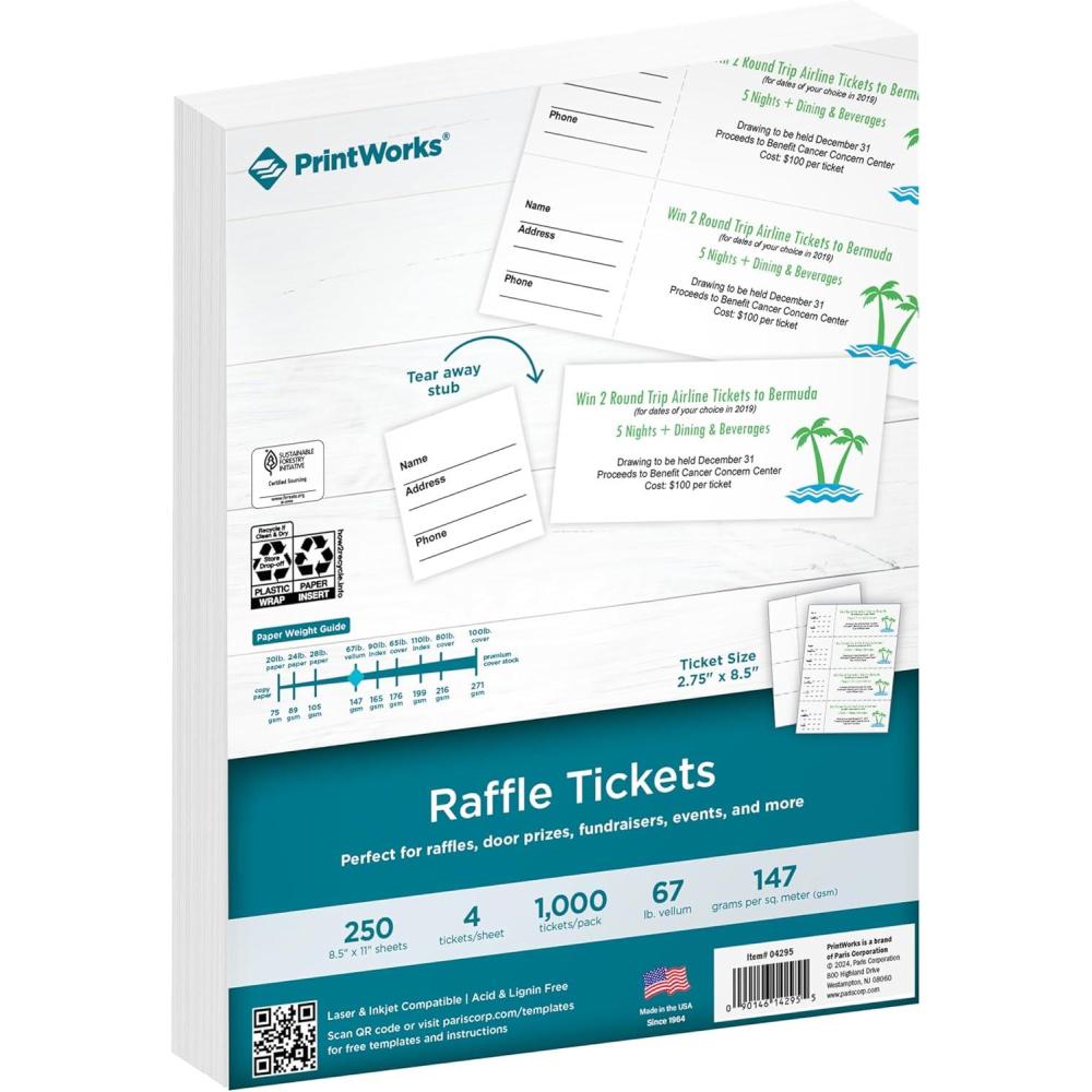 imagePrintWorks Printable Raffle Tickets With TearAway Stubs for Events ampamp Fundraisers  1000 Custom Tickets Size 275quot x 85quot  4 per Sheet  250 Sheets 85quot x 11quot  Made in the USA  White 04295Heavyweight Cardstock