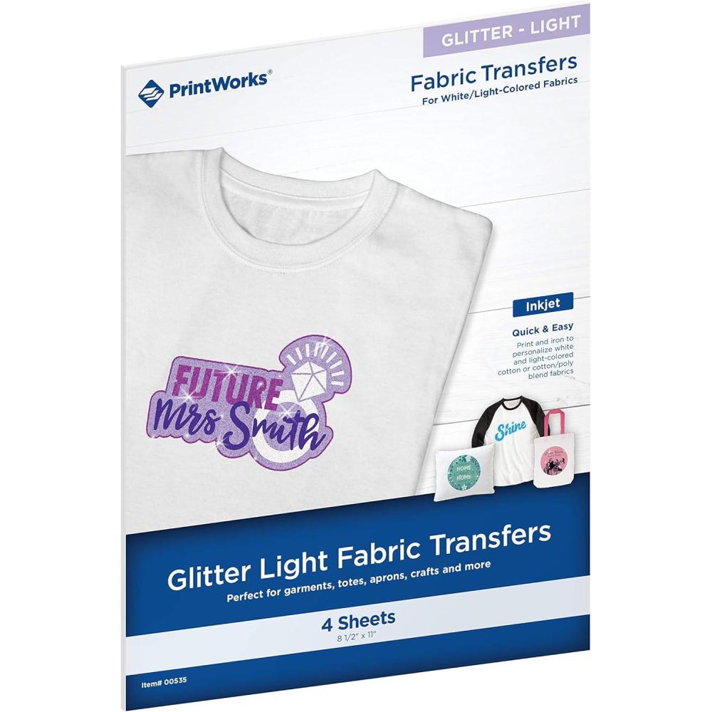 imagePrintworks Glitter Dark Fabric Transfers for All Colored Fabrics 4 Sheets Inkjet 85 x 11 Add Sparkle to Garments Totes Aprons Crafts ampamp More 00533Glitter  Light