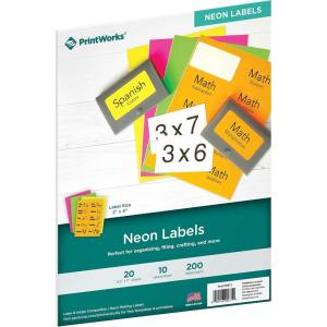 PrintWorks Neon Labels 2″ x 4″ – 200 Colored Address Labels (20 Sheets) – Fluorescent Pink, Orange, Green, & Yellow Colored Stickers for Labeling – Made in The USA – Printer Compatible (00671)
