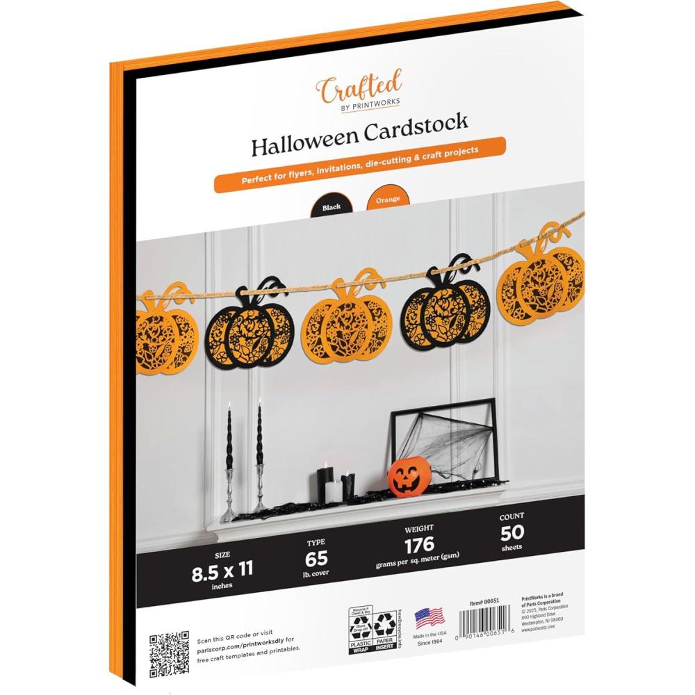 imageCrafted by PrintWorks Halloween Cardstock 85quot x 11quot  50 Sheets  Black and Orange Cardstock Paper  Ideal for School and Craft Projects  65 lb176 gsm  Made in the USA 00651