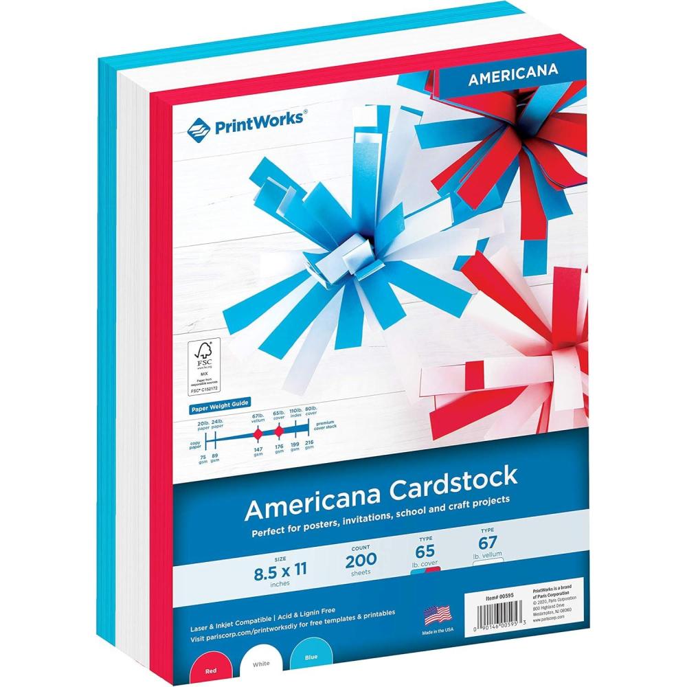 imagePrintWorks Americana Cardstock 85quot x 11quot  200 Sheets  Red White ampamp Blue Cardstock Colors  Ideal for School ampamp Craft Projects  67 lb147 gsm ampamp 65 lb176 gsm  Made in the USA 00595Americana