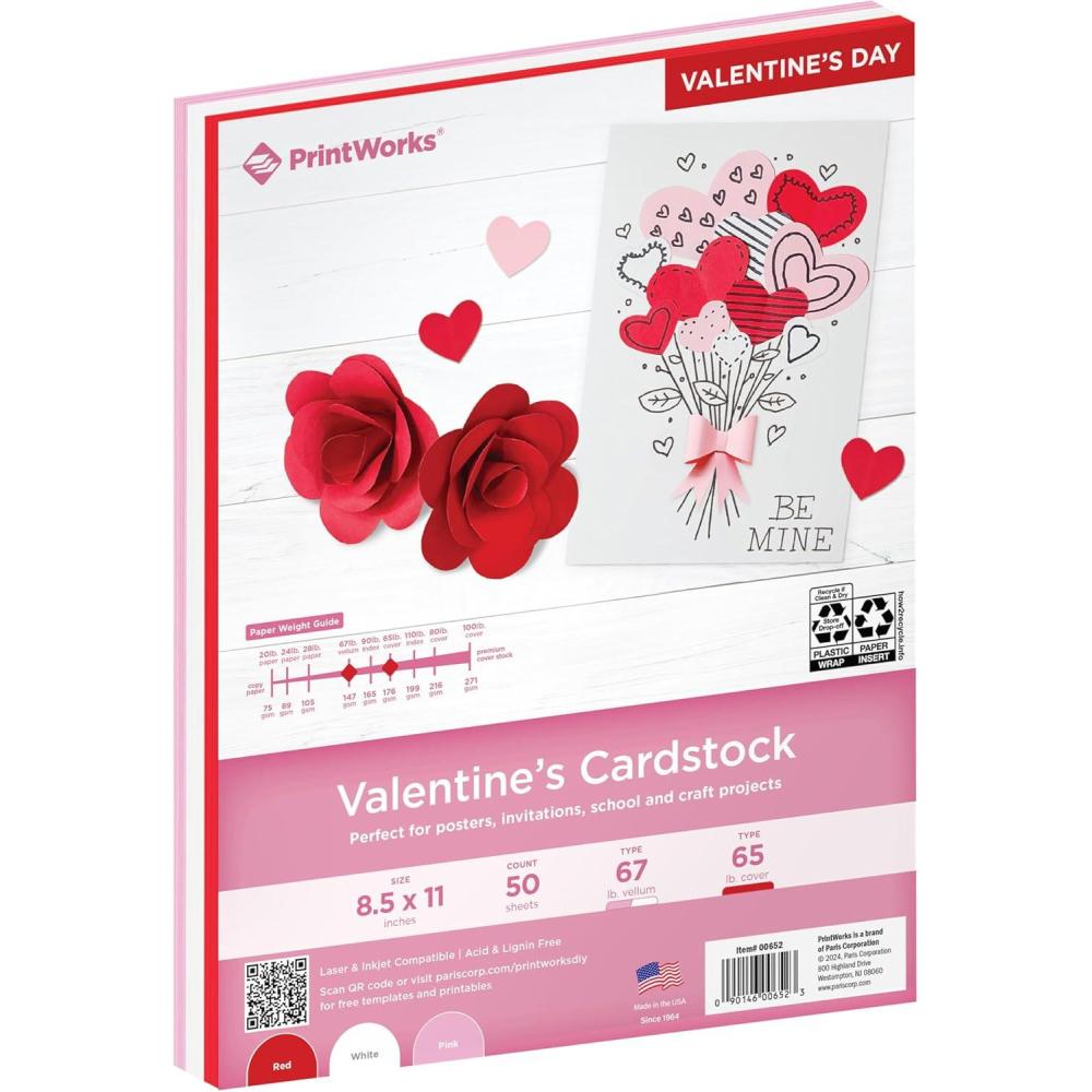 imagePrintWorks Valentine Cardstock 85quot x 11quot  50 Sheets  3 Assorted Colors Red Pink ampamp White  Ideal for School ampamp Craft Projects  67 lb147 gsm ampamp 65 lb176 gsm  Made in the USA 00652