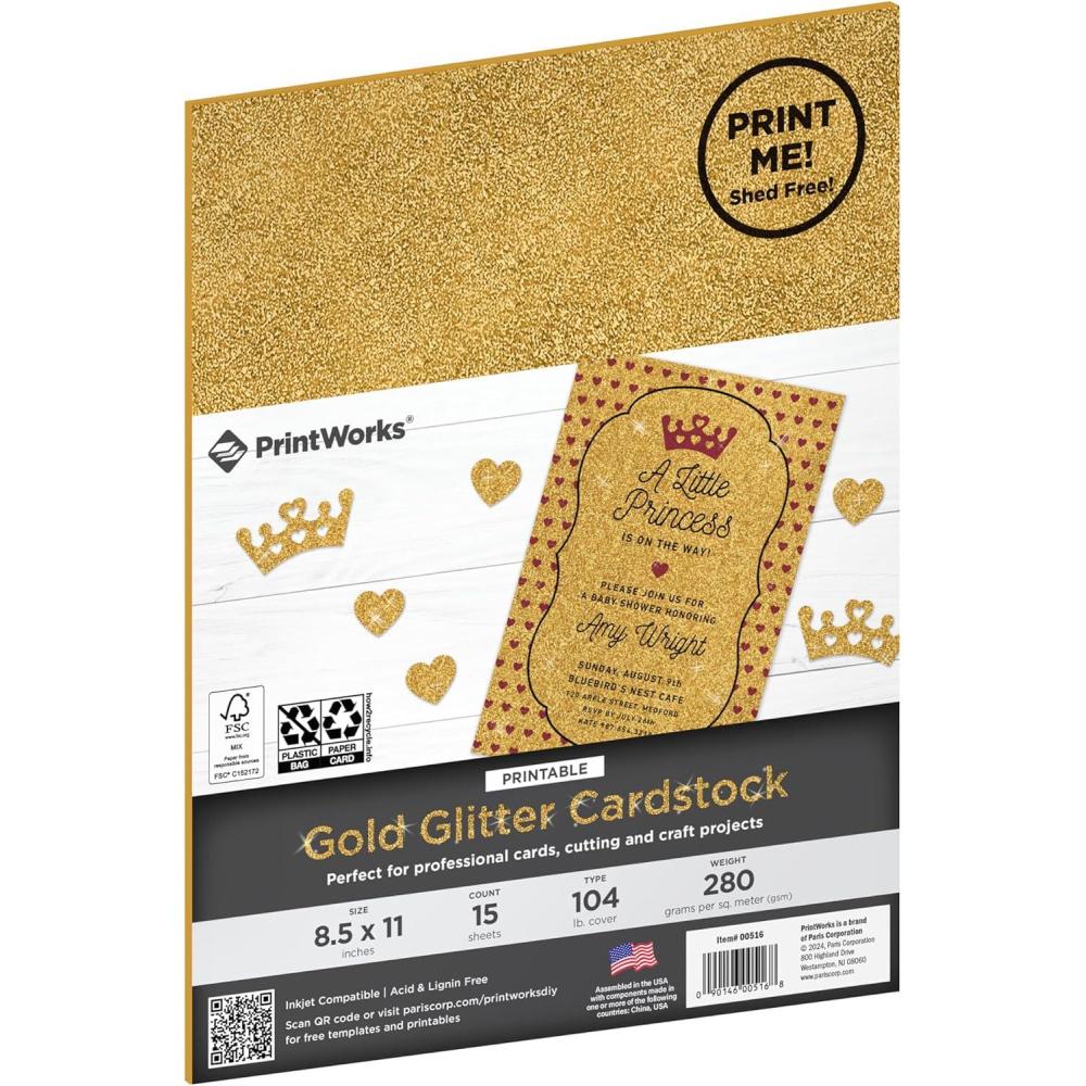 imagePrintworks Printable Gold Glitter Cardstock Perfect for Holiday School and Craft Projects 15 Sheets 85 x 11 00516