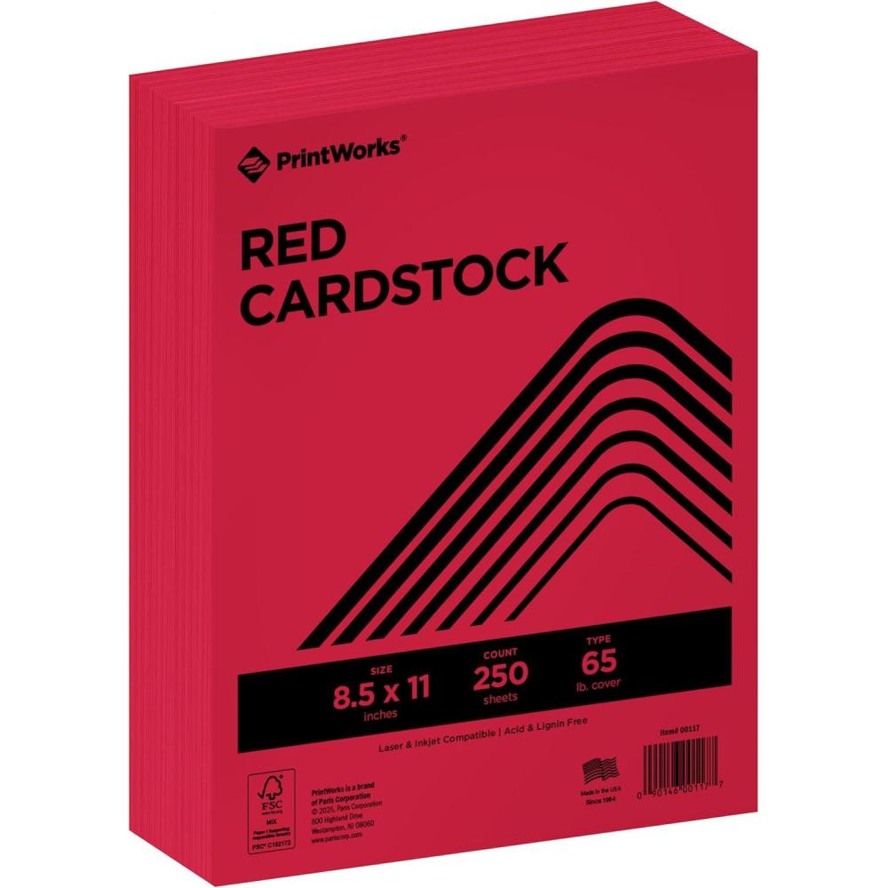 imagePrintWorks Bright Red Colored Cardstock 85 x 11  65 lb176 gsm  250 Sheets  Made in the USA  FSC Certified  AcidFree ampamp FadeResistant  Printer ampamp Cut Machine Compatible 00117Red