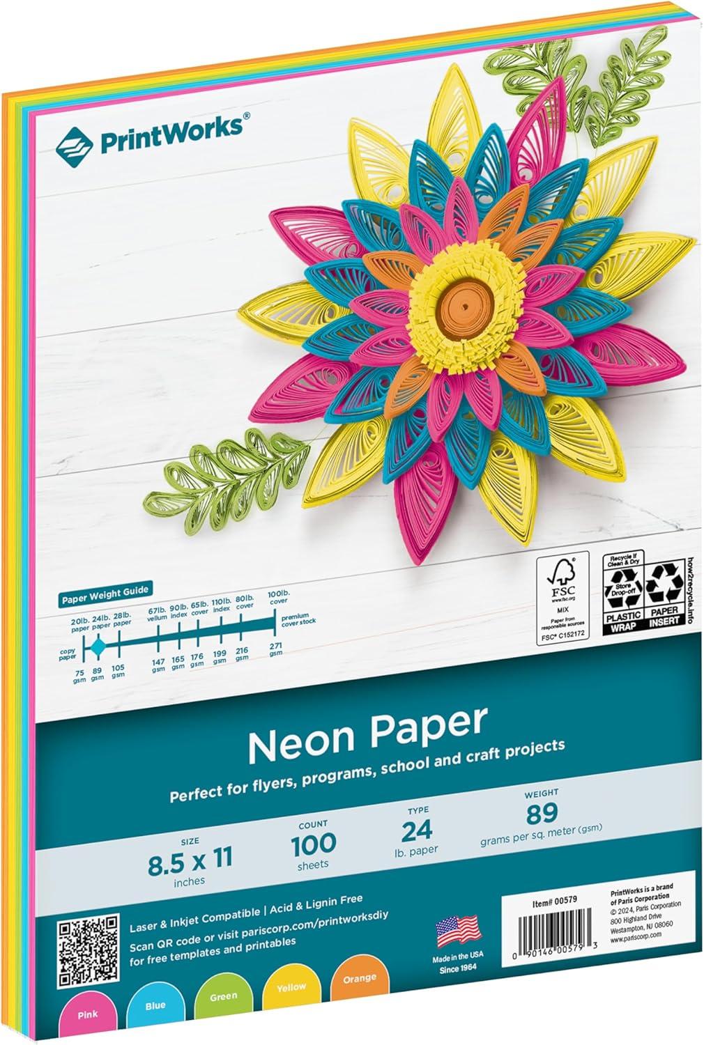 imagePrintWorks Bright Cardstock 85quot x 11quot  50 Sheets  5 Assorted Primary Colors  Ideal for School ampamp Craft Projects  65 lb176 gsm  Made in the USA  FSC Certified 00682Neon