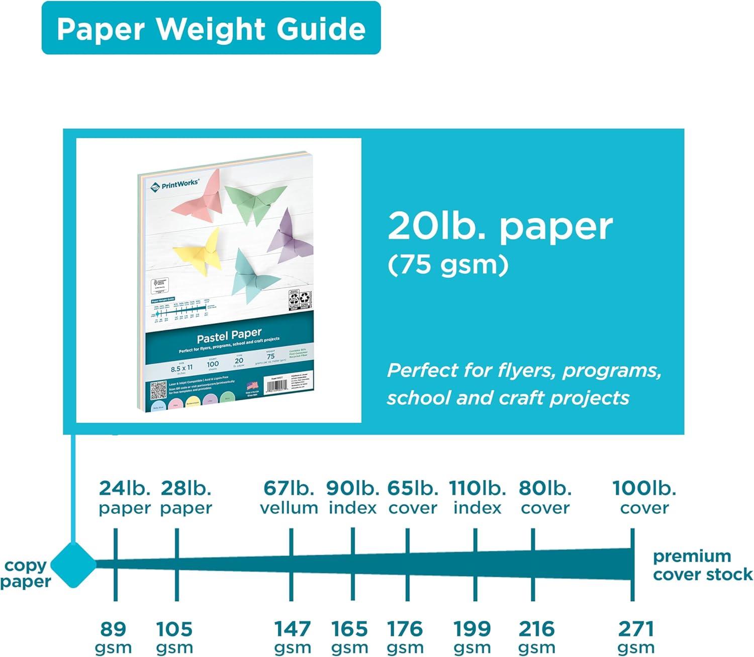 imagePrintWorks Bright Cardstock 85quot x 11quot  50 Sheets  5 Assorted Primary Colors  Ideal for School ampamp Craft Projects  65 lb176 gsm  Made in the USA  FSC Certified 00682Pastel