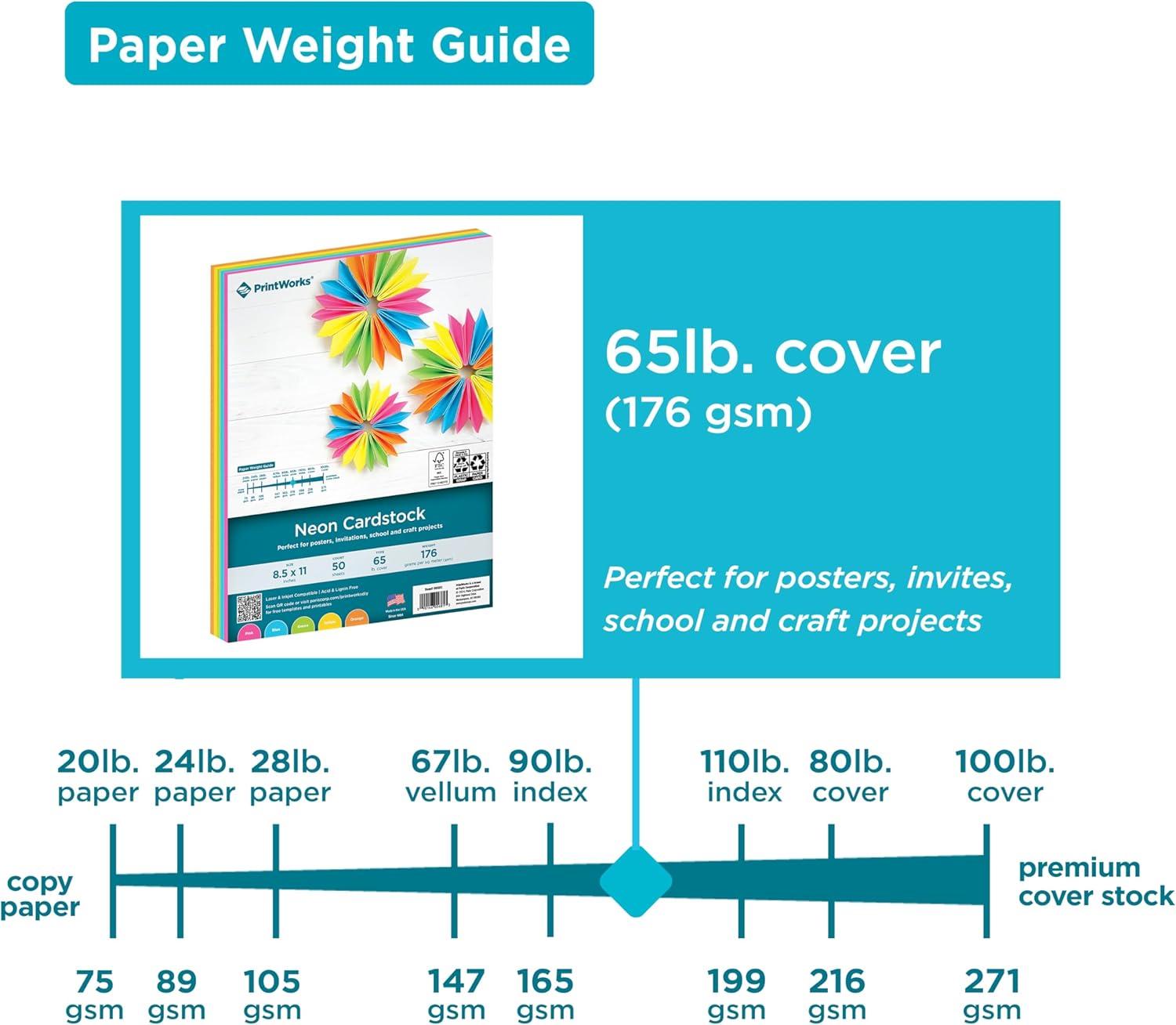 imagePrintWorks Bright Cardstock 85quot x 11quot  50 Sheets  5 Assorted Primary Colors  Ideal for School ampamp Craft Projects  65 lb176 gsm  Made in the USA  FSC Certified 00682Neon