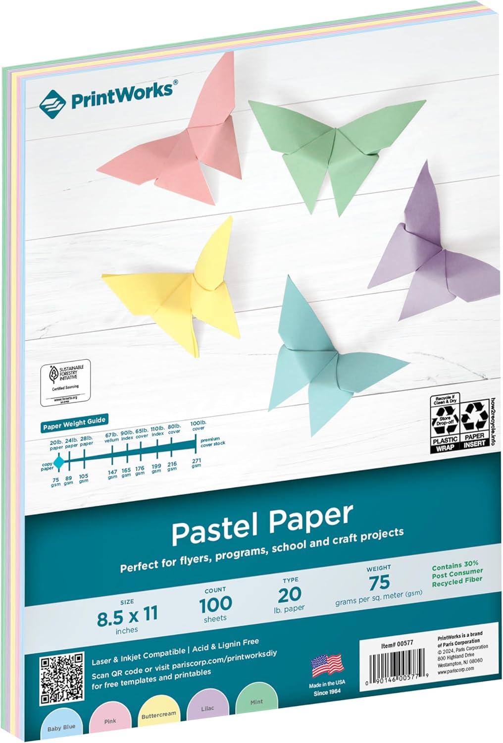 imagePrintWorks Bright Cardstock 85quot x 11quot  50 Sheets  5 Assorted Primary Colors  Ideal for School ampamp Craft Projects  65 lb176 gsm  Made in the USA  FSC Certified 00682Pastel