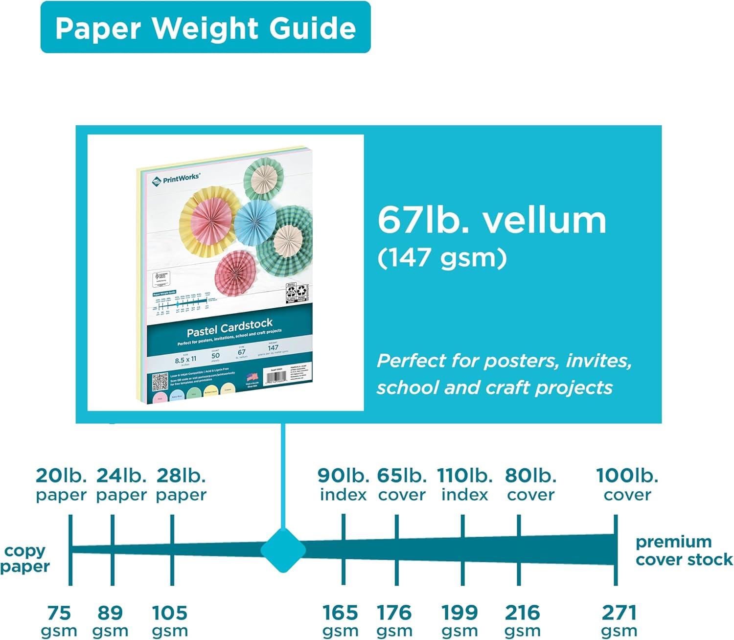imagePrintWorks Bright Cardstock 85quot x 11quot  50 Sheets  5 Assorted Primary Colors  Ideal for School ampamp Craft Projects  65 lb176 gsm  Made in the USA  FSC Certified 00682Pastel