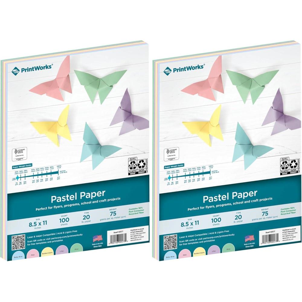 imagePrintWorks Bright Cardstock 85quot x 11quot  50 Sheets  5 Assorted Primary Colors  Ideal for School ampamp Craft Projects  65 lb176 gsm  Made in the USA  FSC Certified 00682Baby Blue  Pink  Buttercream  Lilac  Mint
