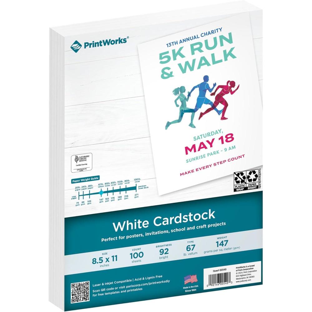 imagePrintWorks White Cardstock 85quot x 11quot  67 lb147 gsm Vellum Bristol  100 Sheets  Made in the USA  SFI Certified  92 Bright  Card Stock Printer Paper for School Craft ampamp Office Use 00540100 Sheets