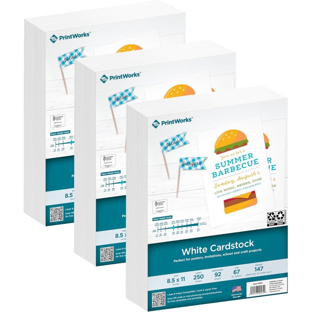 imagePrintWorks White Cardstock 85quot x 11quot  67 lb147 gsm Vellum Bristol  750 Sheets  Made in the USA  SFI Certified  92 Bright  Card Stock Printer Paper for School Craft ampamp Office Use 00564C