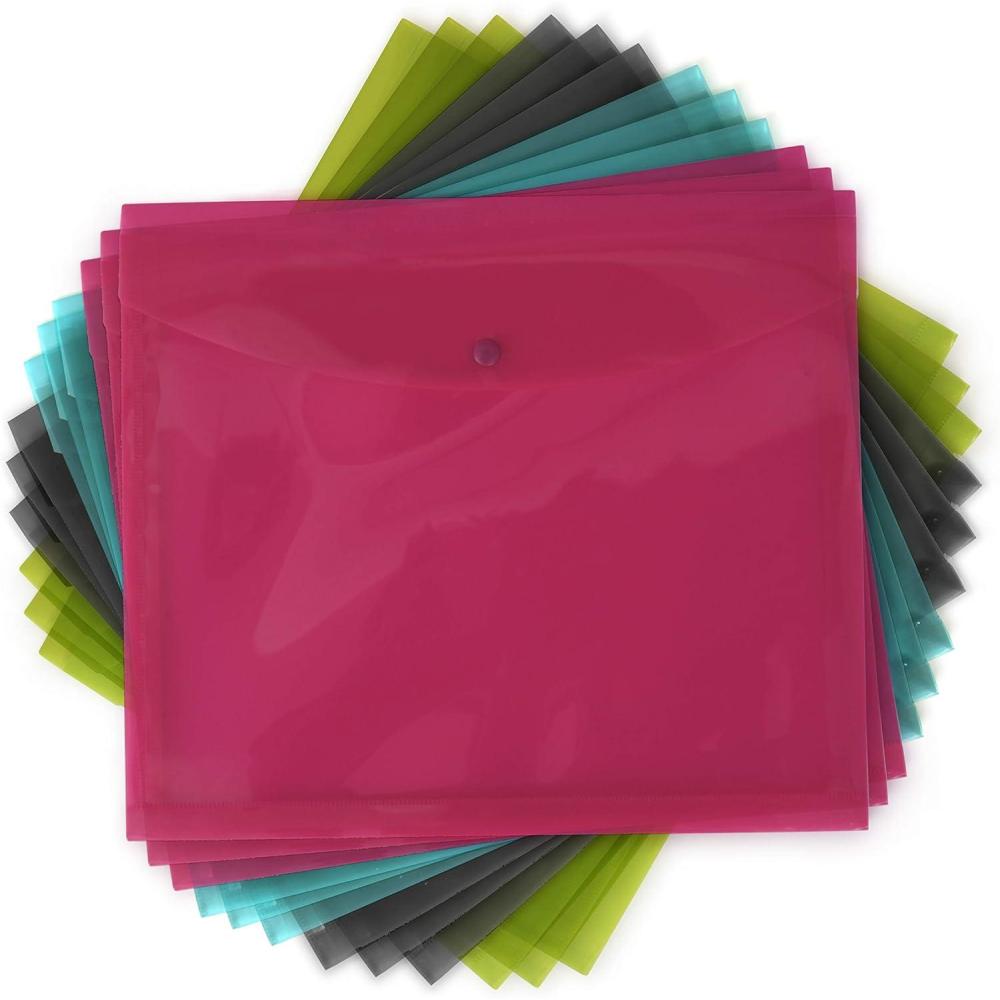 imageDocIt Reusable Side Open Envelopes with Snap Button Closure 10quot x 11 34quot Assorted 12Pack 3 Each of Pink Blue Green and Grey 00891C