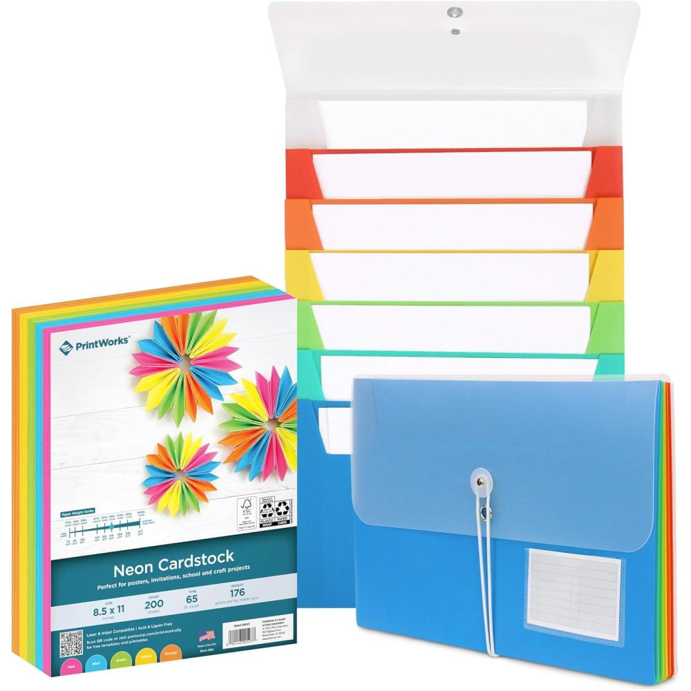 imageTeacher Organizing Bundle Two 7Pocket Cascading File Organizers ampamp 200 Sheets Neon Cardstock for School Projects ampamp Classroom Organization