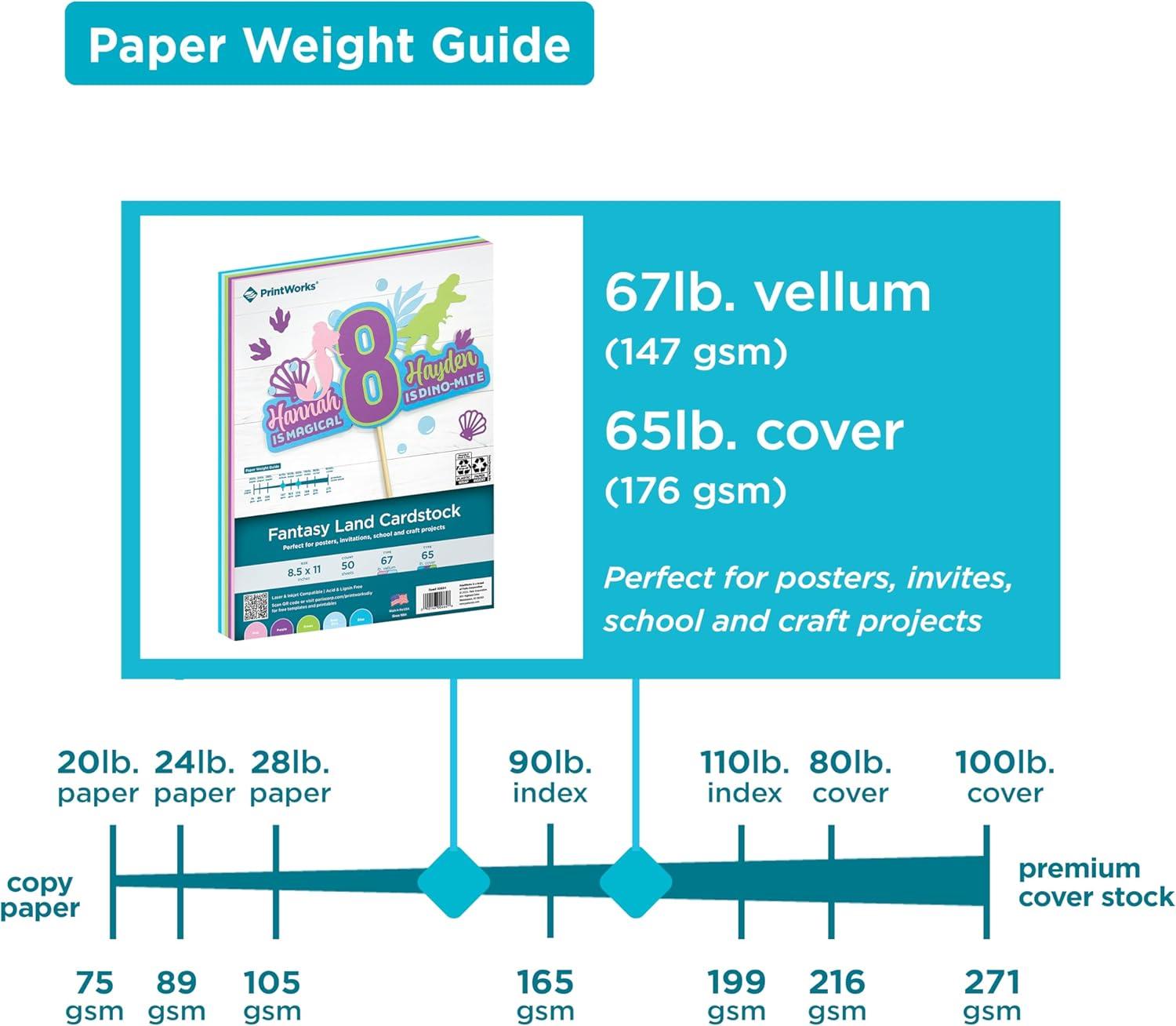 imagePrintWorks Fantasy Land Cardstock Paper 85quot x 11quot  50 Sheets  5 Assorted Fantasy Colors  Ideal for School ampamp Craft Projects  67 lb147 gsm ampamp 65 lb176 gsm  Made in the USA 00664