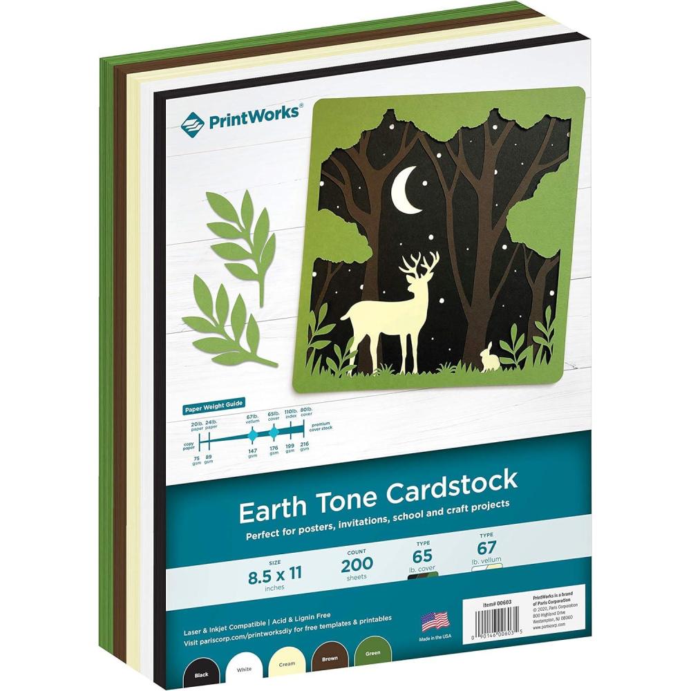 imagePrintWorks Earth Tones Cardstock Paper 85quot x 11quot  200 Sheets  5 Assorted Earth Tone Colors  Ideal for School ampamp Craft Projects  67 lb147 gsm ampamp 65 lb176 gsm  Made in the USA 00603