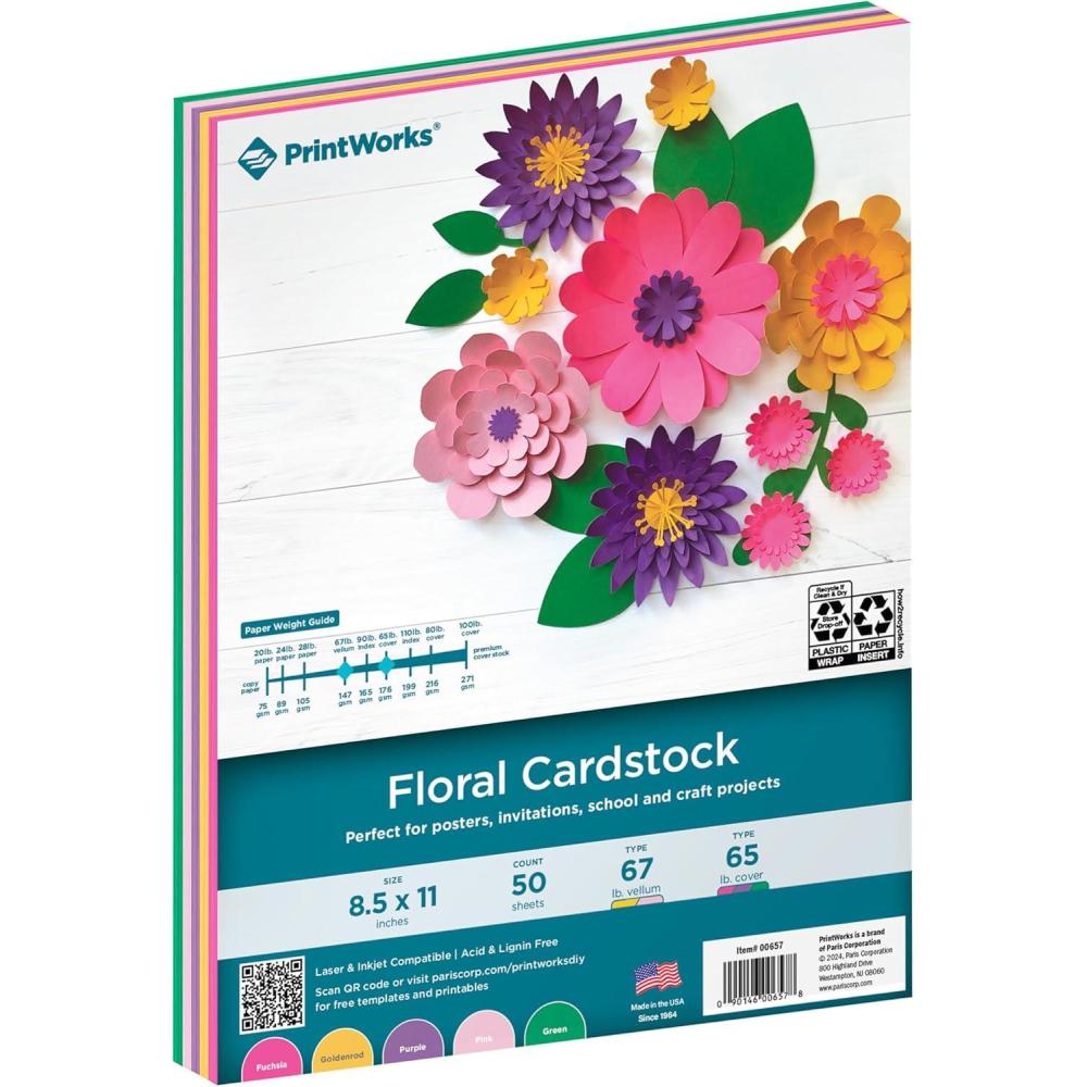 imagePrintWorks Floral Cardstock Paper 85quot x 11quot  50 Sheets  5 Assorted Colors for Flowers  Ideal for School ampamp Craft Projects  67 lb147 gsm ampamp 65 lb176 gsm  Made in the USA 00657