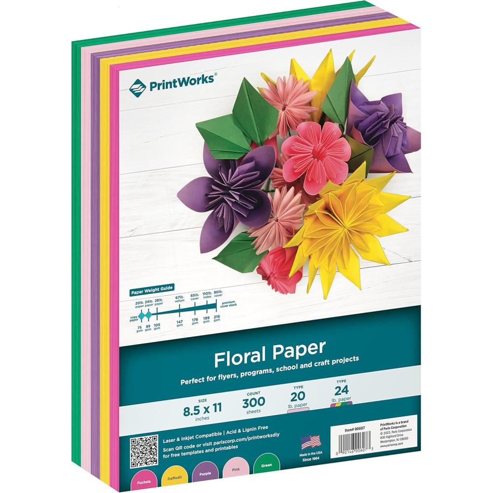 imagePrintWorks Floral Paper 85quot x 11quot  300 Sheets  5 Assorted Colors  Ideal for School ampamp Craft Projects  Made in The USA  20 lb75 GSM ampamp 24 lb89 GSM  Printer Compatible Flower Paper 00607