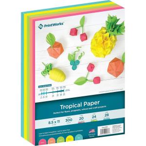 PrintWorks Tropical Paper 8.5″ x 11″ – 300 Sheets – 5 Assorted Fluorescent Colors – Ideal for School & Craft Projects – Made in The USA – 20, 24, & 28 lb Paper – Printer & Copier Compatible (00587)