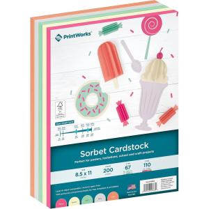 PrintWorks Sorbet Cardstock 8.5″ x 11″ – 200 Sheets – 5 Assorted Colors – Ideal for School & Craft Projects – 67 lb/147 gsm & 110 lb/200 gsm – Made in the USA (00668)