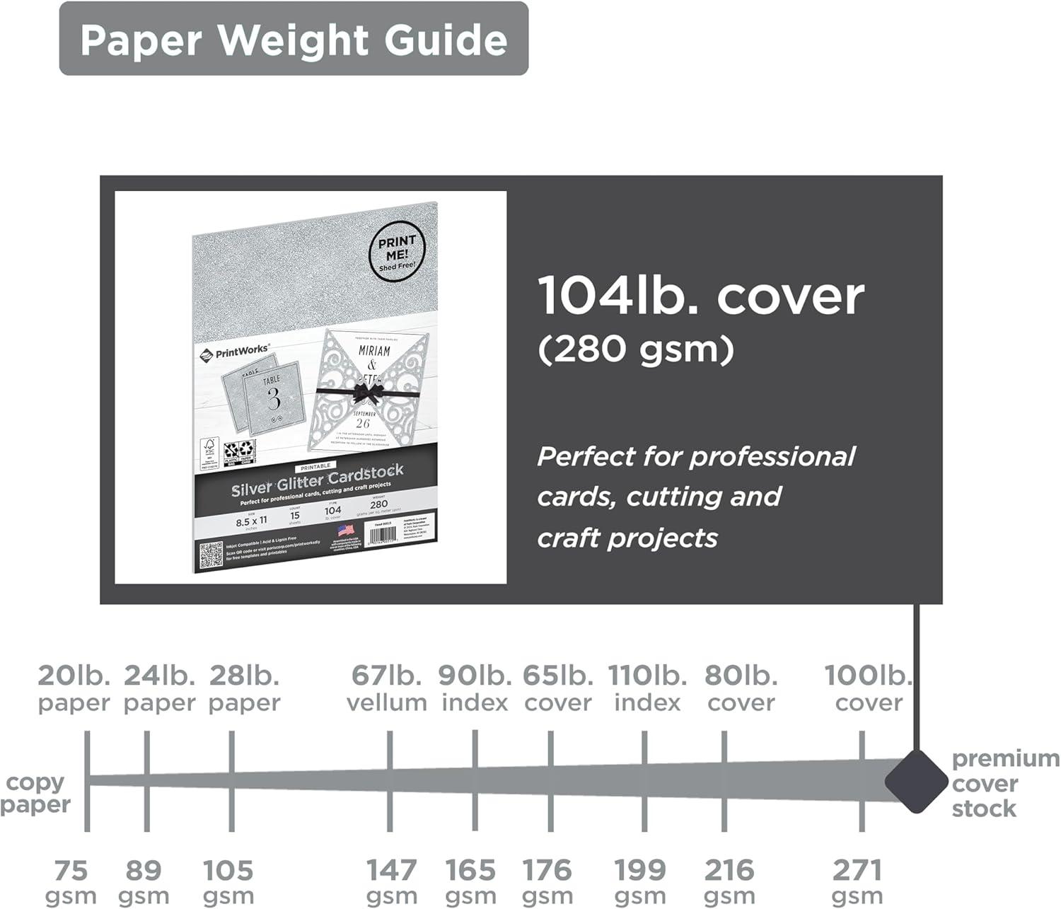 image:imagePrintWorks NoShed Printable Silver Glitter Cardstock 85 x 11 15 Sheets 104 lb280 gsm Silver Glitter Paper Sparkly Paper for School amp Craft Projects FSC Certified 0051585 x 11