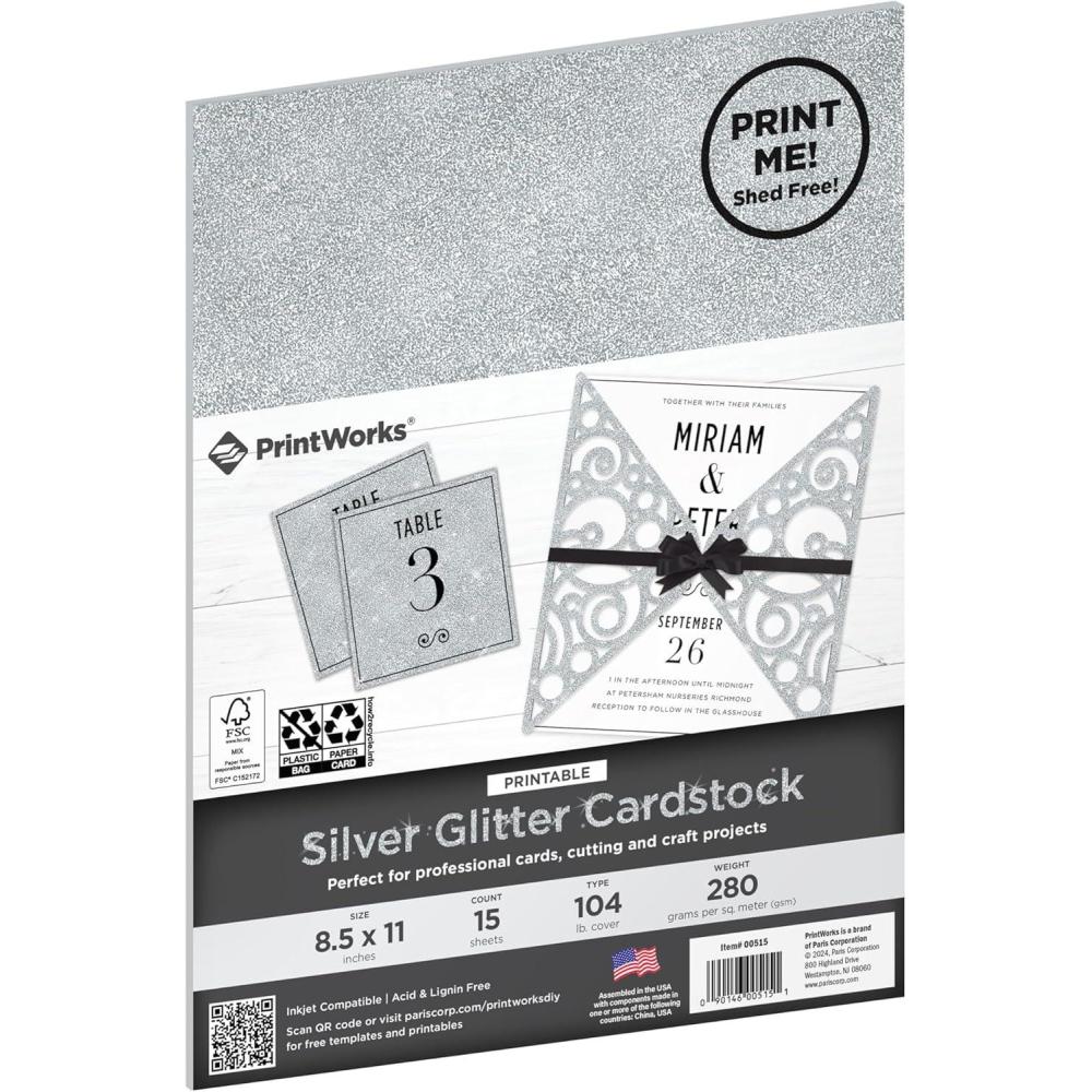 image:imagePrintWorks NoShed Printable Silver Glitter Cardstock 85 x 11  15 Sheets  104 lb280 gsm Silver Glitter Paper  Sparkly Paper for School amp Craft Projects  FSC Certified 0051585 x 11