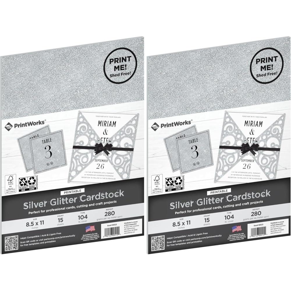 image:imagePrintWorks NoShed Printable Silver Glitter Cardstock 85 x 11 15 Sheets 104 lb280 gsm Silver Glitter Paper Sparkly Paper for School amp Craft Projects FSC Certified 0051585 x 11 Pack of 2