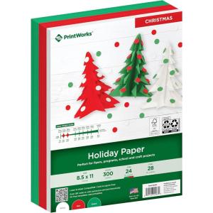 PrintWorks Holiday Paper 8.5″ x 11″ – 300 Sheets – 3 Christmas Paper Colors (Red, Green, & White) – Ideal for School & Craft Projects – Made in The USA – 24 lb/89 GSM & 28 lb/105 GSM (00583)