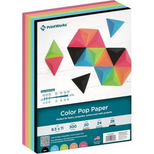 PrintWorks Color Pop Paper 8.5″ x 11″ – 300 Sheets – 5 Assorted Colors – Ideal for School & Craft Projects – Made in the USA – 20/75 gsm, 24 lb/89 gsm & 28 lb/105 gsm (00608)