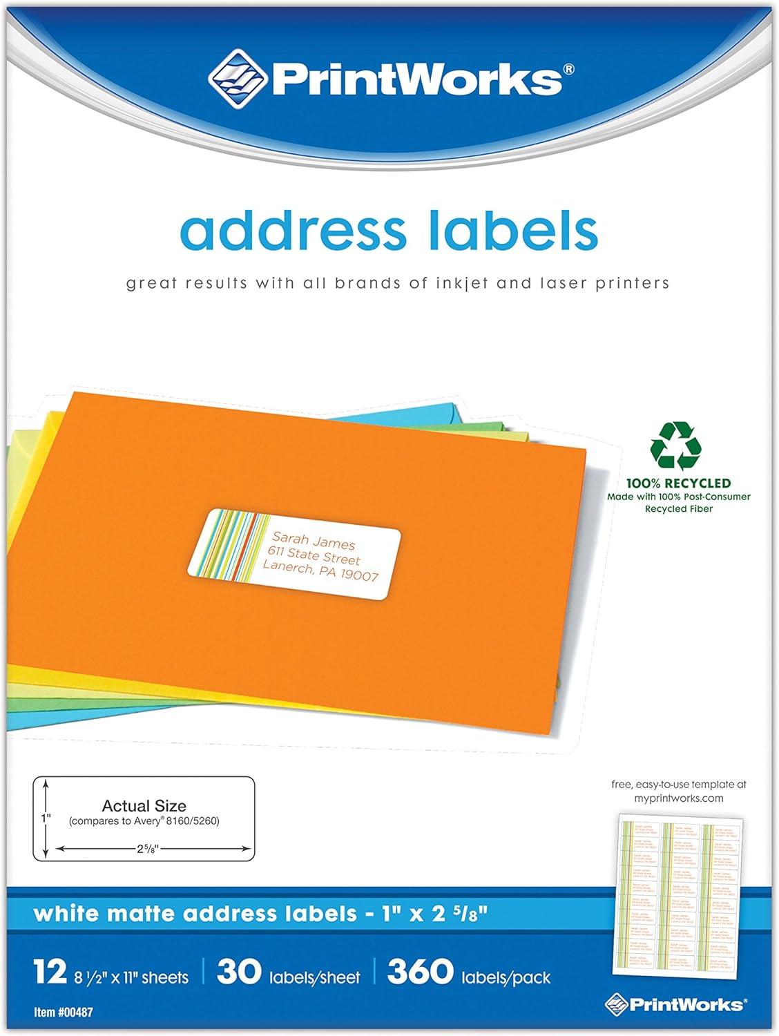 image:imagePrintworks White Matte Address Labels for Inkjet or Laser Printers or Copiers 100 Recycled 12 SheetsPack 1 inch x 2625 inch 0048712 Sheets