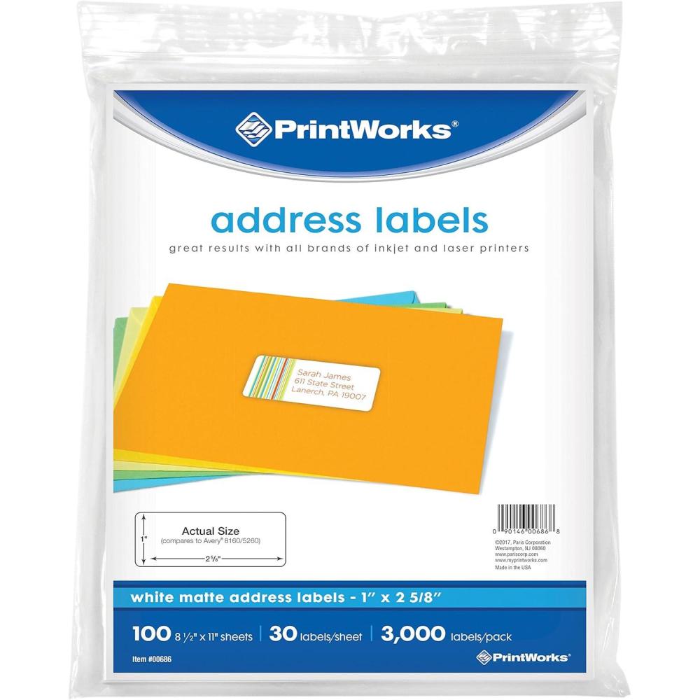 image:imagePrintworks White Matte Address Labels for Inkjet or Laser Printers or Copiers 100 Recycled 12 SheetsPack 1 inch x 2625 inch 00487100 Sheets