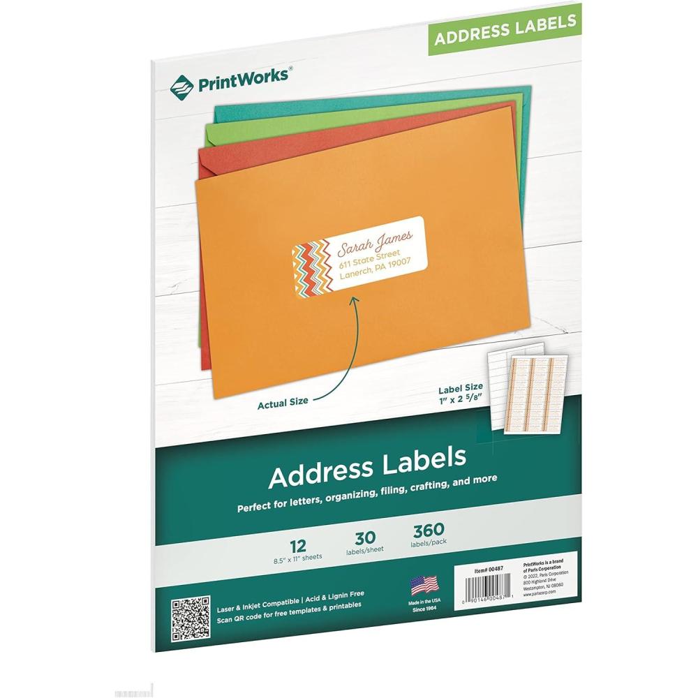 image:imagePrintworks White Matte Address Labels for Inkjet or Laser Printers or Copiers 100 Recycled 12 SheetsPack 1 inch x 2625 inch 0048712 Sheets