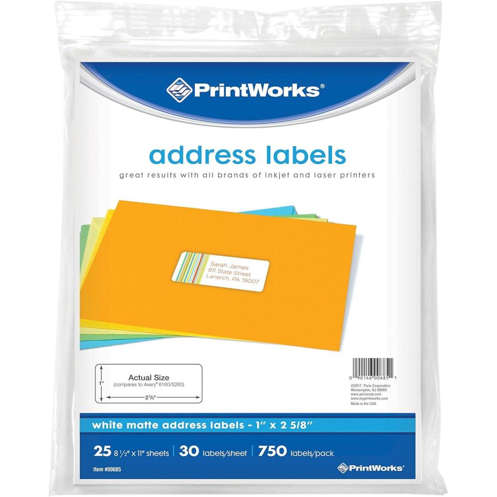 image:imagePrintworks White Matte Address Labels for Inkjet or Laser Printers or Copiers 100 Recycled 12 SheetsPack 1 inch x 2625 inch 0048725 Sheets