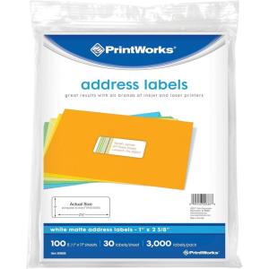 Printworks White Matte Address Labels for Inkjet or Laser Printers or Copiers, 100% Recycled, 12 Sheets/Pack, 1 inch x 2.625 inch, 00487(100 Sheets)