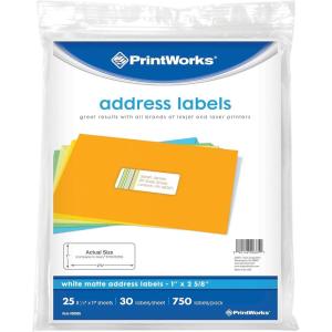 Printworks White Matte Address Labels for Inkjet or Laser Printers or Copiers, 100% Recycled, 12 Sheets/Pack, 1 inch x 2.625 inch, 00487(25 Sheets)
