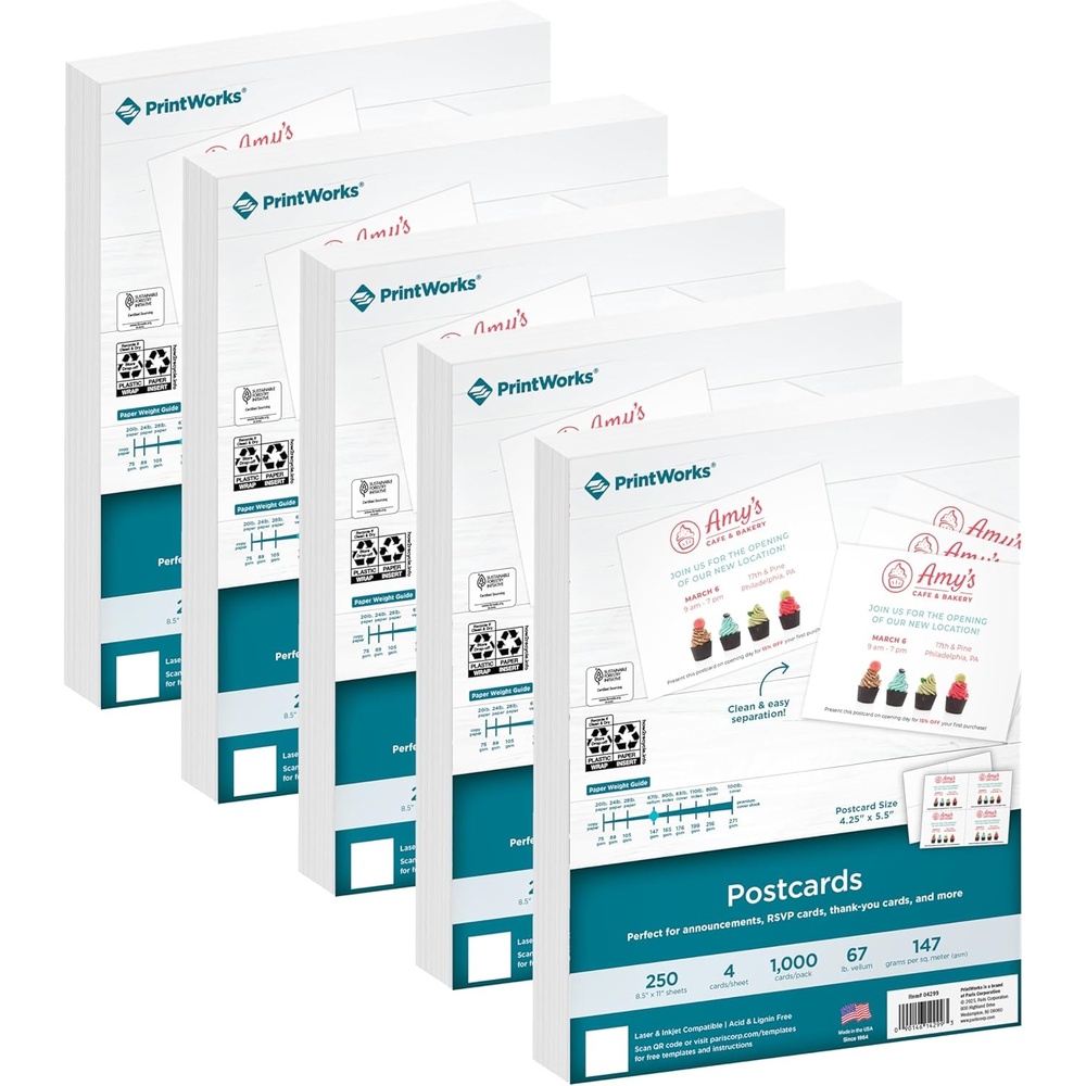 image:imagePrintWorks Blank Printable Postcards for Mailing amp Printing  5000 Cards 425 x 55 Post Card Size  4 per Sheet  1250 Sheets 85 x 11  Made in the USA  No Envelope Needed  White 04299C1250 Sheets